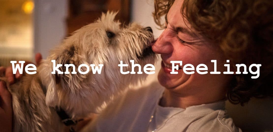 En hund pussar sin ägares ansikte och texten we know the feeling